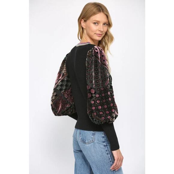 NWT Fate Black Burnout Velvet Mutton Sleeves Novelty Sweater Size Large - Picture 2 of 8